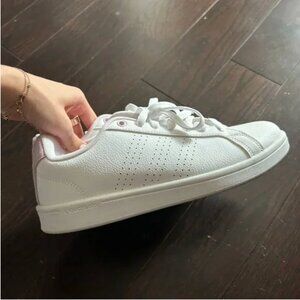 Women’s Adidas Advantage Sneakers, White leather with pink accent, Size 8